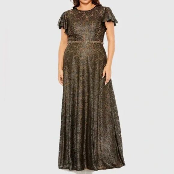 Mac Duggal 49496 22W 22 Black Gold Lace Butterfly Beaded Long Maxi Dress Gown - Picture 2 of 4